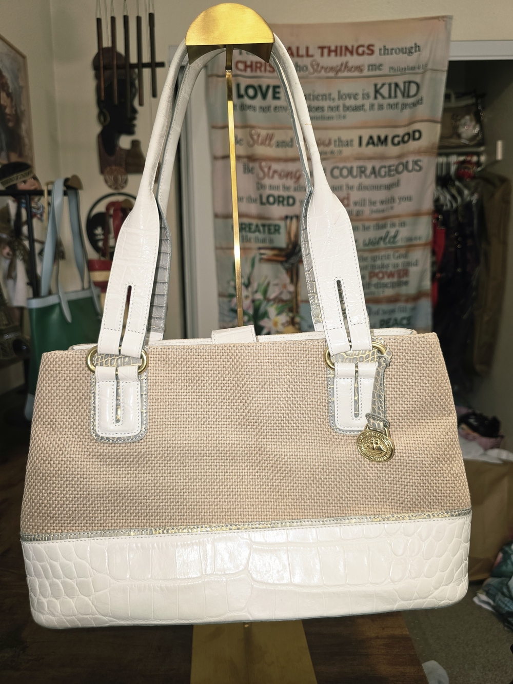 Vintage Brahmin Canvas Rattan Shoulder Bag